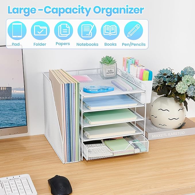 Desk Organizers and Accessories, 5-Tier Paper Letter Tray Organizer with File Holder, Drawer & Pen Holder, Office Desk Accessories, Desktop Organizer for Classroom Office Supplies, White - Image 6