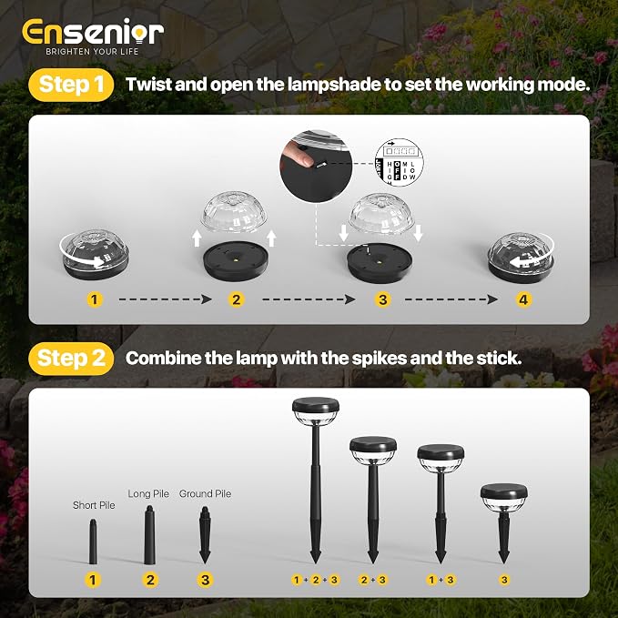 Ensenior Solar Pathway Lights IP65 Waterproof, RGB Color Changing & 3000K Warm White, 8-16Hr Runtime, Flower Pattern Garden Lights for Walkway Porch Yard - 10 Pack - Image 6