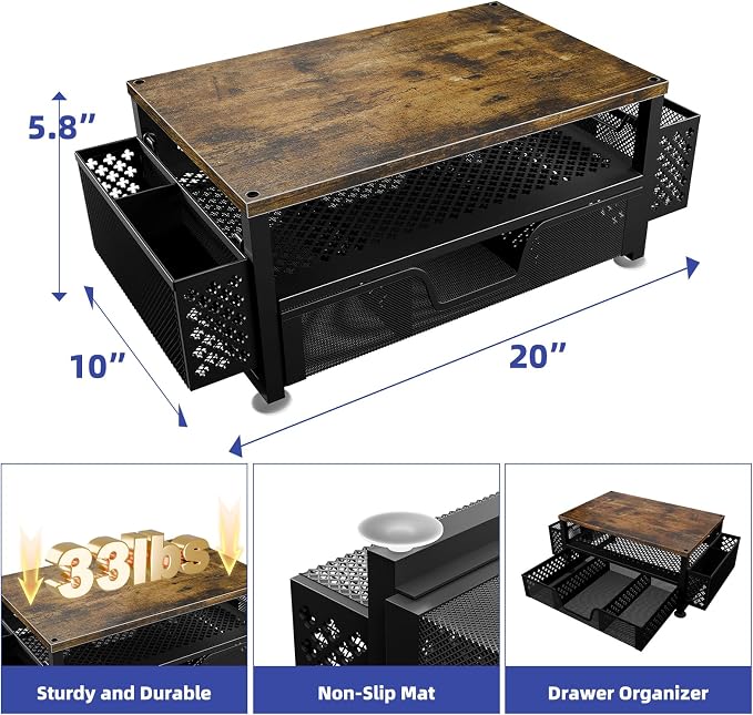 Simple Trending 2-Tier Wood Monitor Stand with Drawer & 2 Pen Holders | 20"W x 10"D x 5.8"H. Wood + metal frame, holds 100 lbs. 2-tier + drawer + pen holder. Non-slip base. Easy assembly. - Image 7