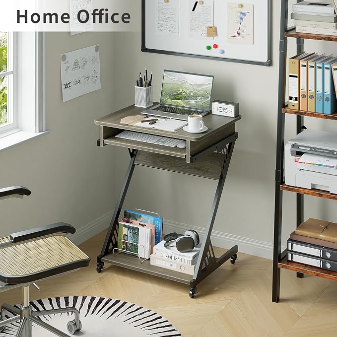 ALISENED Computer Desk for Small Spaces Compact Desk with Keyboard Tray | 23.6" Z-Shaped, with Wheels and Bottom Shelves, for Home Office, Computer Cart Mobile Laptop Cart, Grey - Image 9