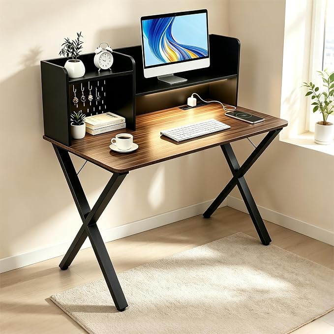 Lightdot 44" ×24" Black Home Office Computer Desk with Charging Ports, Study Gaming Desk with Hutch Pegboard & Motion Sensor Light, Student Writing Desk with Storage for Home Office Bedroom - Image 9