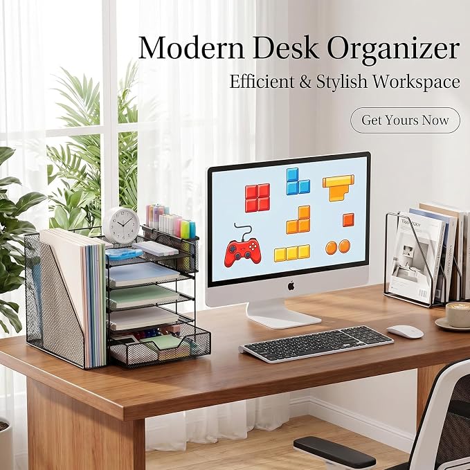 Desk Organizers and Accessories, 5-Tier Paper Letter Tray Organizer with File Holder, Drawer & Pen Holder, Office Desk Accessories, Desktop Organizer for Classroom Office Supplies, Black - Image 8