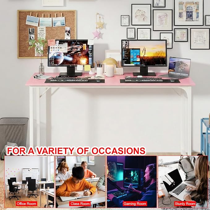 PayLessHere | 55 Inch Computer Desk | Pink | Office Desk with Metal Frame, Adjustable Feet | Water-Resistant, Scratchproof Surface | Sturdy Writing Table for Home Office or Study | Pack of 1 - Image 7