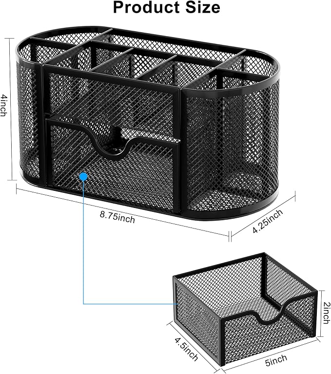 EasyPAG Mesh Pen Holder Desk Organizer with Drawer Stationery Supplies Organizer for Dorm School 9 Compartments Workspace Desk Accessories Organization for Office, Black - Image 8