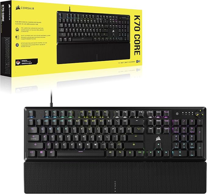CORSAIR K70 CORE RGB Mechanical Wired Gaming Keyboard with Palmrest – Pre-Lubed MLX Red Linear Switches, SOCD, ABS Double-Shot Keycaps, Sound Dampening, Media Control Dial, QWERTY NA – Black - Image 9