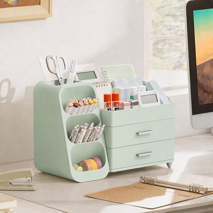 HBlife Desk Organizer with Pen Pencil Holder for Desk, Pen Organizer with 2 Drawers, Desk Organizers and Accessories with 4 Compartments, Desktop Storage for Office Home School Art Supplies, All Green - Image 7