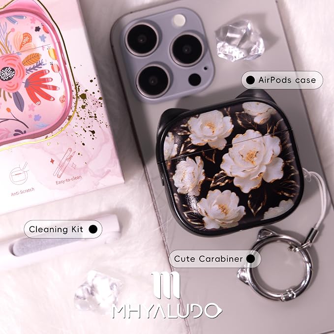 for AirPods 4 Case with Cleaning Kit, Cute Cat Ear Print Design & Cute Buckle, Inverted Phone Holder Design, Top Safe Lock Buckle Design, for Girls AirPods 4 case 2024, Black Peony - Image 7