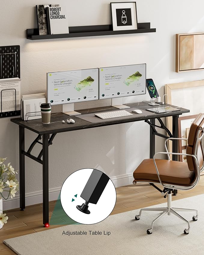 Frylr Small Folding Computer Desk – 55.1 Inch Portable Table for Craft and Study, Lightweight Desk for Small Spaces, Foldable Laptop Table Built-in AC/USB Outlets for Convenience, Marble Greige - Image 8