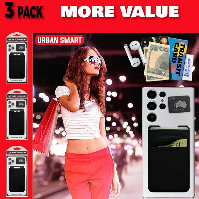 Gecko Travel Tech Double Pocket - Adhesive Card Holder - Cell Phone Pouch - Stick on Spandex Pocket - Carry Credit Cards and Cash (3 PACK - -BLANK- BLACK) - Image 9