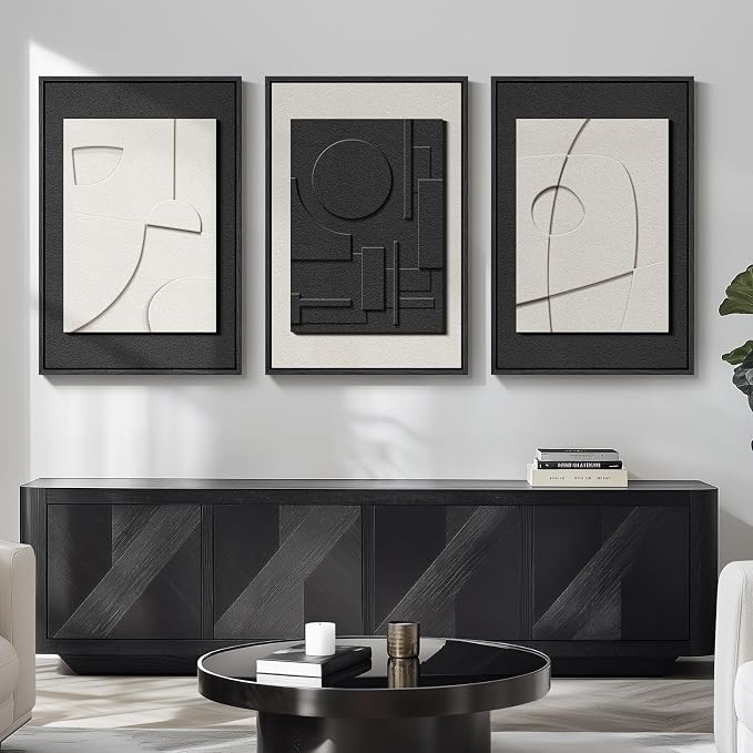 Large 3D Textured Framed Black and White Abstract Wall Art for Living Room, 3 Piece Modern Artwork for Walls, Black White Minimalist Geometric Paintings for Hallway Office Wall Decor 24x36 In - Image 8