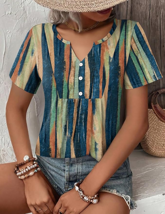 Zeagoo Womens Short Sleeve Tops Summer Henley V-Neck Tshirts Casual Pleated Blouse Dressy Loose Floral Basic Tee - Image 4