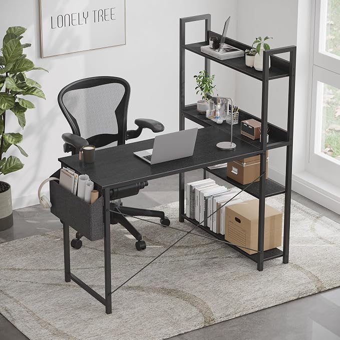 Treesland 55 Inch Small L Shaped Desk, Corner Desk with Bookshelf, Home Office Desk, Writing Study Desk for Bedroom, Black - Image 7