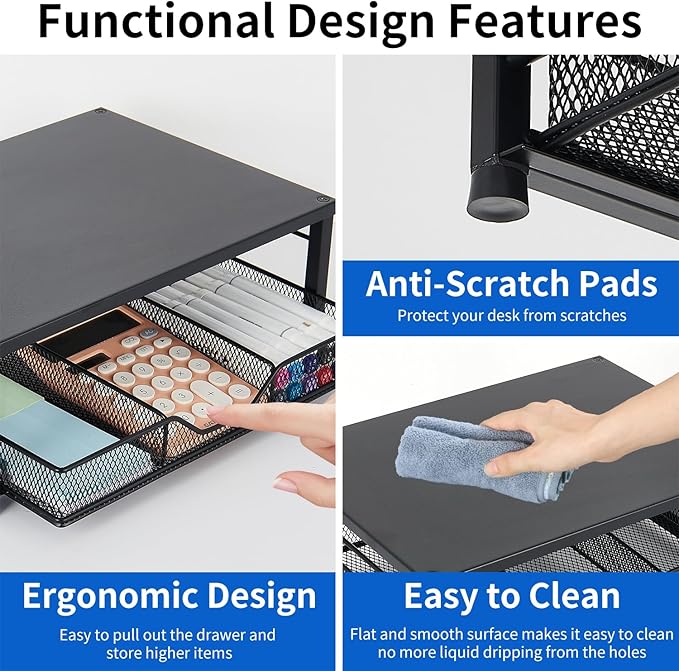 Small Laptop Stand for Desk, Monitor Stand Riser, Desk Organizer for Office Organization, Office Desk Accessories, Computer Desktop Stand with Drawer for Home, Office, School (Black) - Image 6