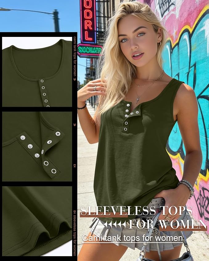 Ficerd 3 Pack Women's Henley Tank Tops Sleeveless Button Down Summer Shirts 2026 Casual Trendy Loose U Neck Tee Blouses - Image 5