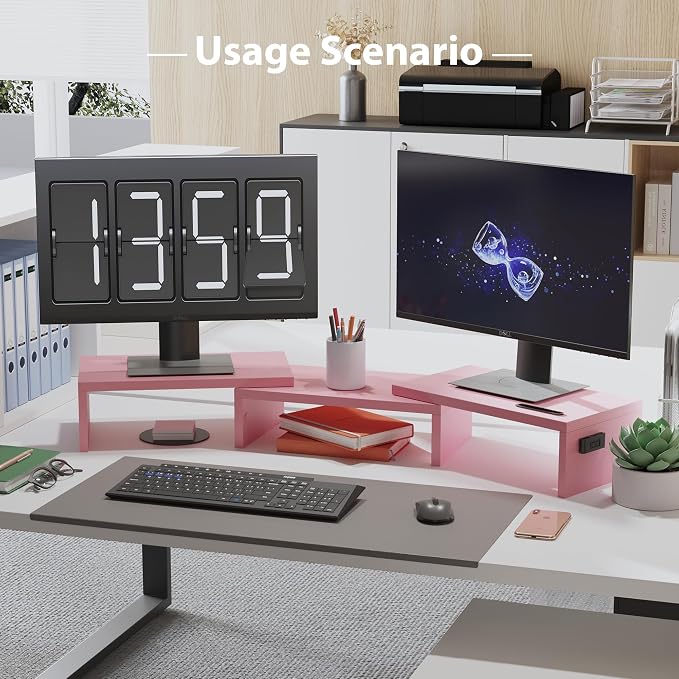 BONTEC Dual Monitor Stand Riser with Smartphone Holder, Adjustable Length & Swivel Angle, Ergonomic Wooden Desktop Organizer for PC Monitor, Laptop, Printer, Large Storage, 42.5 in, Pink - Image 8