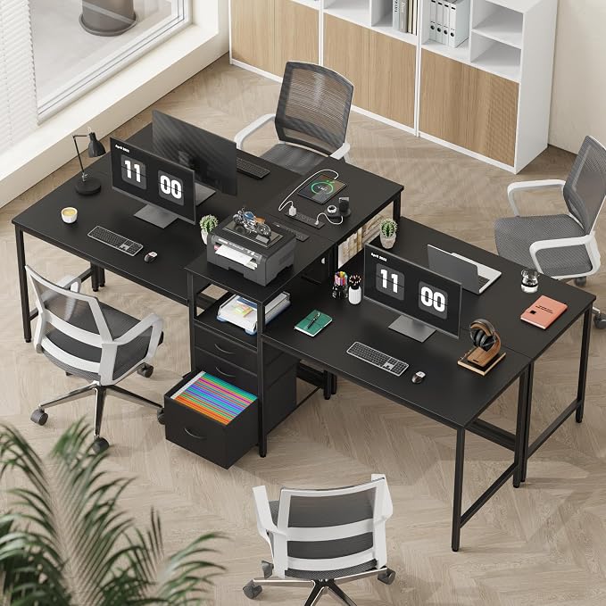 GYIIYUO 93'' Two Person Desk with Charging Station, Long Desk with 3 Drawer | Double Computer Desk with Printer Shelf, 2 Person Writing Study Table Workstation for Home Office, Black - Image 7