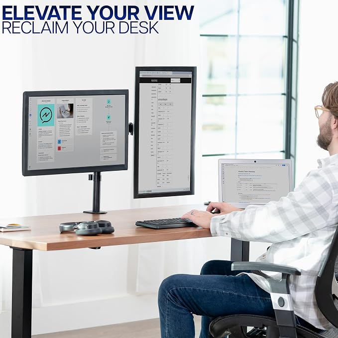 VIVO Dual Monitor Desk Mount, Heavy Duty Fully Adjustable Steel Stand, Holds 2 Computer Screens up to 24 inches and Max 22lbs Each, Black, STAND-V024 - Image 9