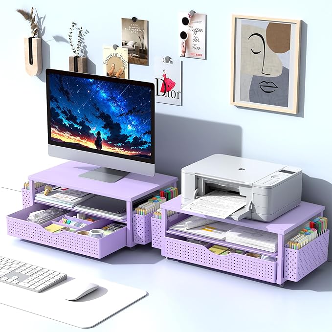 Spacrea Desk Organizer and Accessories, Computer Monitor Stand Riser with Drawer and 2 Pen Holders, Office Desk Accessories & Workspace Organizers for Office Supplies (Purple) - Image 7