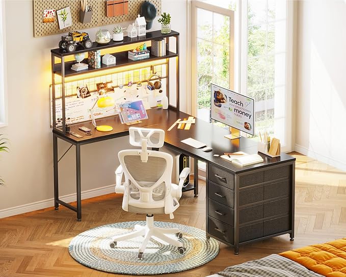 AODK L Shaped Desk Gaming Desk with LED Light & Power Outlet | 59 Inch Black Reversible L Shaped Computer Table with 4 Drawers for Home Office - Image 9