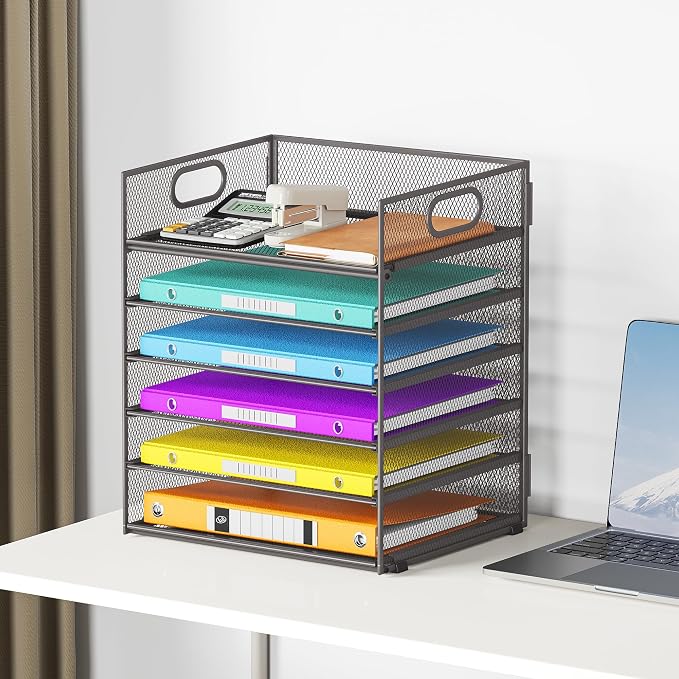 6 Tiers Letter Tray Paper Organizer With Handle, Mesh Desk File Organizer, Metal Desktop Document Shelf, Paper Sorter for Office, Home or School File Folder Holder - Grey - Image 6