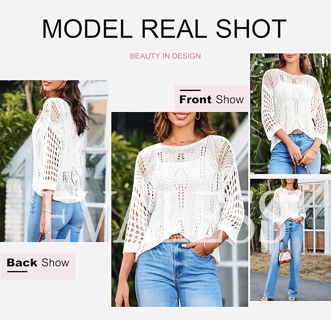 EVALESS Womens Crochet Hollow Out Knit Tops Half Sleeve Spring Summer Sweaters Beach Cover Ups for Women Trendy 2026 - Image 6