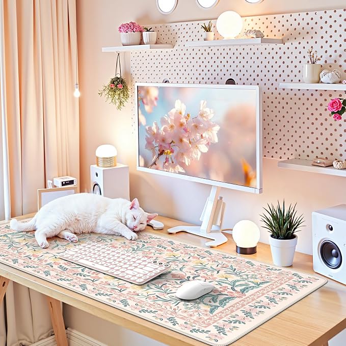 iCasso Desk Mat,Mouse Pad for Office Desk,35.4x15.7in,Pink Floral | Desk Pad for Women Home Office Decor Supplies, Desk Accessories, Non-Slip Mousepad with Stitched Edge, Smooth Water-Resistant - Image 7