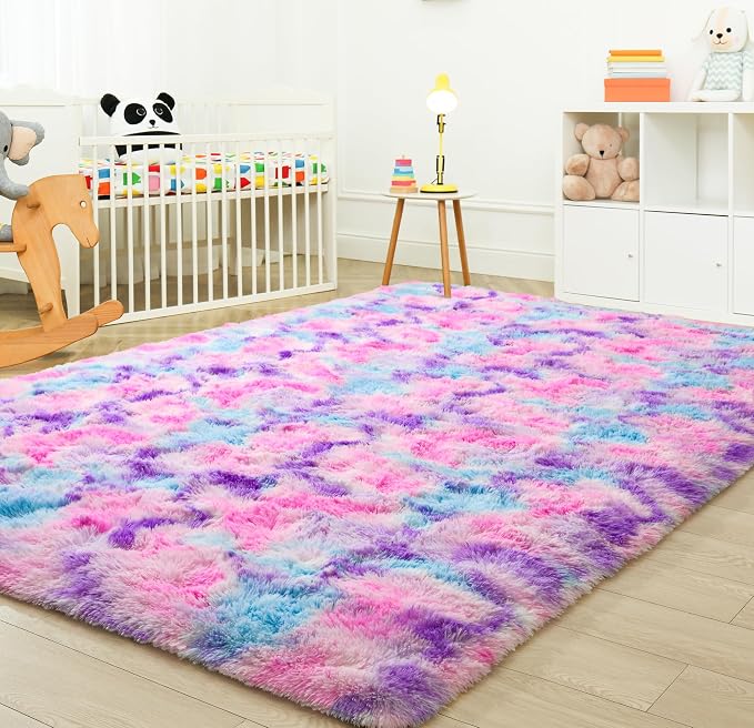 Tepook Pink Blue Purple Area Rug for Girls Room, Fluffy 8x10 Cute Soft Colorful Kids Rugs for Bedroom Dorm Classroom Nursery Playroom, Fuzzy Shaggy Rainbow Princess Carpet for Toddler Home Decor - Image 9
