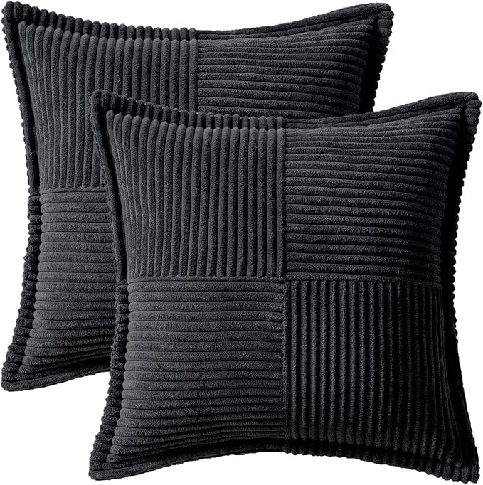 MIULEE Decorative Throw Pillow Covers for Couch Bed Livingroom 18x18 Inch Set of 2 Black Boho Accent Throw Pllows Broadside Striped Patchwork Soft Corduroy Pillowcases - Image 6