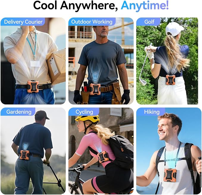 KIMMOO 5 in 1 Portable Waist Fan, 100 Speeds Powerful 13500RPM, Hands-Free Neck Fan with up to 24H Cooling, Rechargeable Personal Wearable Belt Body Shirt Fan for Camping Outdoor Jobsite, Orange - Image 9