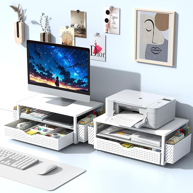 Spacrea Desk Organizer and Accessories, Computer Monitor Stand Riser with Drawer and 2 Pen Holders, Office Desk Accessories & Workspace Organizers for Office Supplies (White) - Image 7