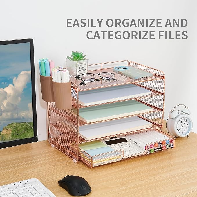 LEKETREE Desk Organizer and Accessories, 5-Tier Paper Letter Tray Organizer with Drawer & 2 Pen Holders for Desktop File Organization, Office Desk Accessories for Supplies Storage (Rose Gold) - Image 7