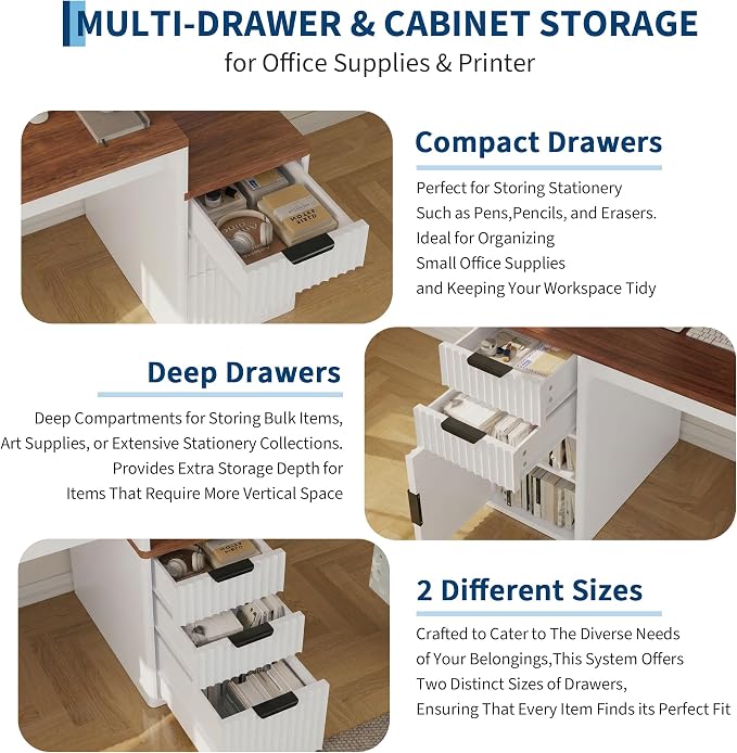 Rectangular Computer Desk with Hutch & Printer Stand, Ripple Door Storage Home Office Desk, Space-Saving Study Writing Desk for Bedroom, Sturdy Board Student Desk with Easy Assembly, Brown & White - Image 7