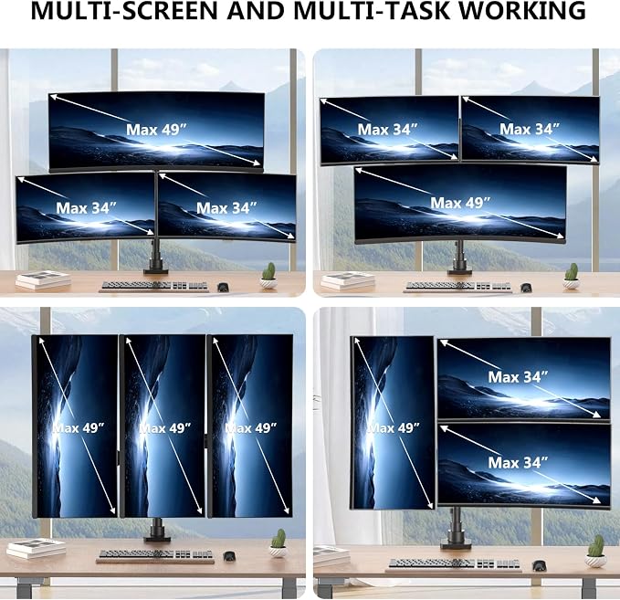 WALI Triple Monitor Mount for up to 49 inch Ultrawides on Top Bracket and 34 inch Screens on Side Brackets, Tall Triple Monitor Stand for Desk, Heavy Duty Monitor Arm up to 33 lbs (GSDM003XLN), Black - Image 8