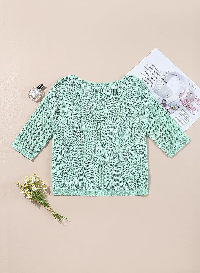 EVALESS Womens Crochet Hollow Out Knit Tops Half Sleeve Spring Summer Sweaters Beach Cover Ups for Women Trendy 2026 - Image 3