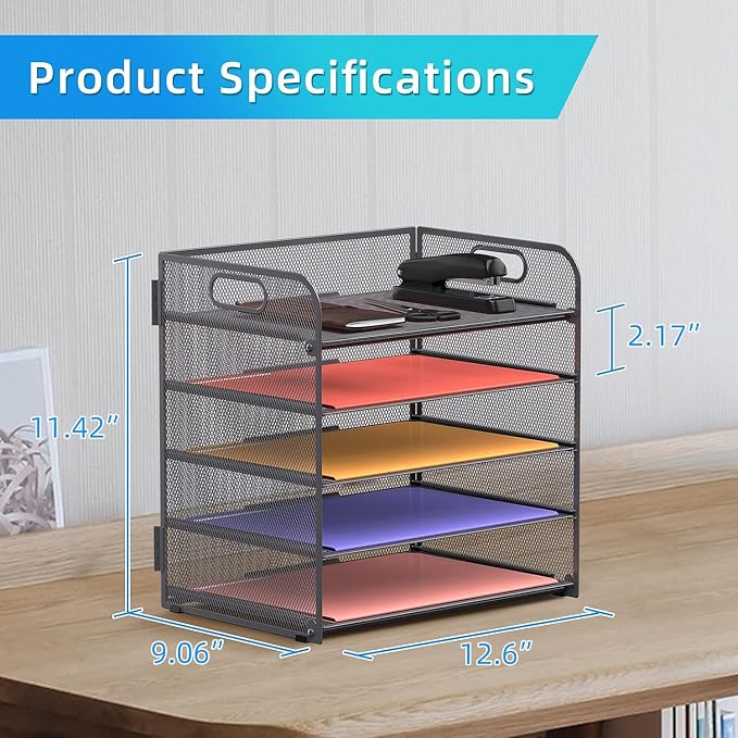Supeasy 5 Trays Paper Organizer Letter Tray with Handle-Mesh Desk File Organizer, Grey Paper Sorter Desk Organizer for Office, Home or School - Image 6