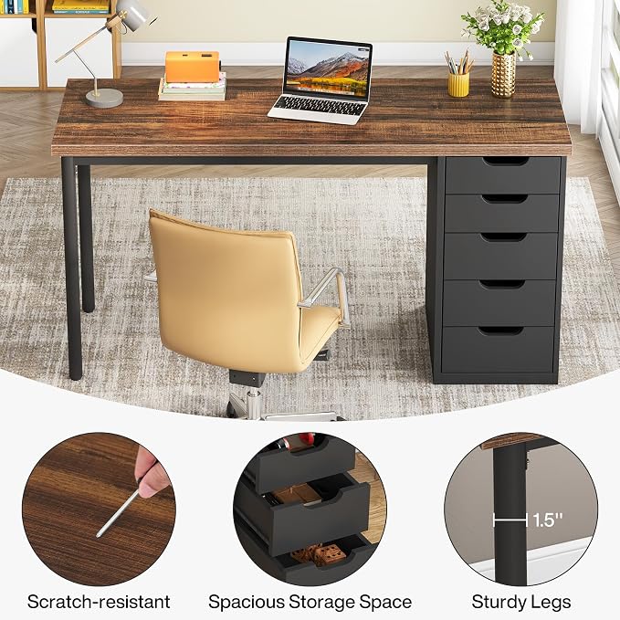 Tribesigns Computer Desk with 5 Drawers, 47 inches Rustic Brown Home Office Desk with Storage, Modern Simple Laptop Desk Study Writing Table for Small Spaces (1, Brown+Black) - Image 9