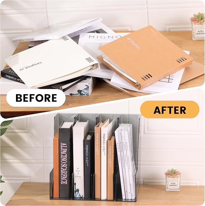 CiWiVOKi Vertical File Holder, PET Desk Organizer and Storage Bins Holding for Magazines, Binders, Notebooks, Envelopes, Papers, Multi-purpose Plastic Document Organizer for Home Office, Black, 4 Pack - Image 7