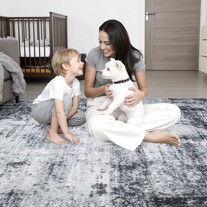 Round Area Rug for Living Room: 6 ft Washable Modern Abstract Soft Thin Rug Indoor Floor No Slip Stain Resistant Carpet for Bedroom Dining Room Farmhouse Nursery Home Office - Dark Black - Image 8