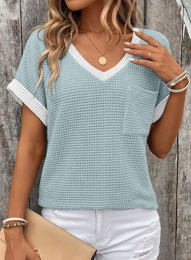 Dokotoo Womens Waffle Knit Tops 2026 Spring Summer V Neck Shirts Casual Trendy Women's Blouses Basic Tee - Image 5