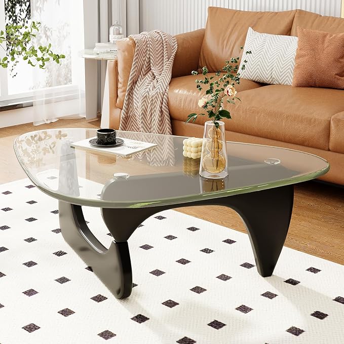 Coffee Table for Living Room Mid Century Modern Center Table with Glass Top, 32 Inch, Black/Transparent - Image 8