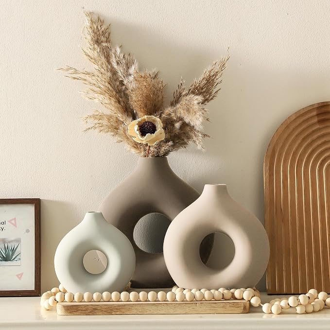 Vanselia Ceramic Vase Home Table Decor - Flower Vases Set of 3 Small Living Room Centerpiece Decorations for Shelf Bedroom Office Kitchen Dining Desk Modern Aesthetic Farmhouse Decorative (Farmhouse) - Image 7