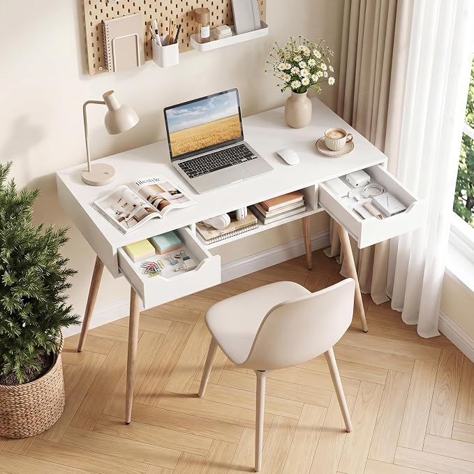 Giantex White Computer Desk with Drawers, 42.5" Minimalist Mid Century Modern Vanity Writing Desk with Open Storage Cubby & Metal Leg, Compact Wooden Study Table for Small Spaces Home Office (White) - Image 9