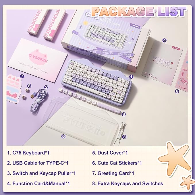 YUNZII C75 Cute 75% Wireless Mechanical Keyboard (Purple, Milk V2 Switch) | Creamy Cake Keyboard, BT5.0/2.4G/USB-C, Hot-Swap, NKRO, PBT MOA Keycaps,5500mAh RGB Gasket Mount for Mac/Win/Gaming/Office - Image 9