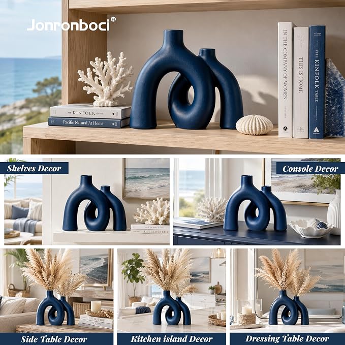 Hug Donut Decorative Vase Set - Navy Blue Vase, Modern Coastal Style Vases Home Decor, Matte Ceramic Decorations for Living Room Shelf, Bookshelf Mantle Entryway Table or Console Décor (Navy Blue) | Decorative Sculptural & Flower Vase for Living Room, ... - Image 7
