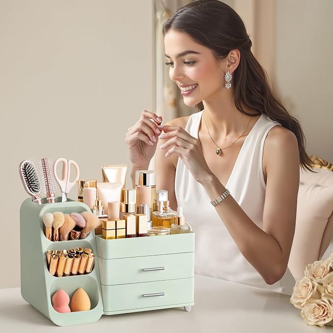 HBlife Makeup Organizer with Brush Holder for Vanity, Large Plastic Bathroom Countertop Organizer Skin Care Storage, Easy to Store Lipsticks, Nail Polishes, Perfumes, Eyeshadow Palettes, All Green - Image 6