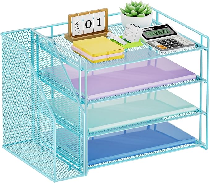 Marbrasse 4-Tier Paper Tray Organizer with File Holder, Blue | Sturdy Paper Tray, Built-in File Holder, fits Letters/Docs, Saves Desk Space, for School/Office/Home - Image 8