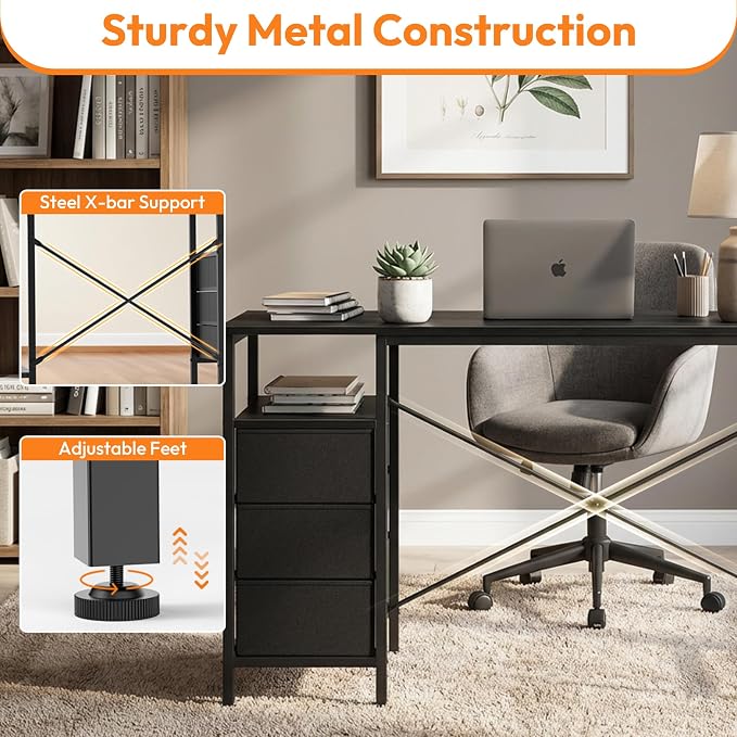 Alpen Computer Desk with Drawers, L Shaped Desk for Bedroom with Power Outlets, Gaming Table with Storage Shelves, Corner Desk for Gaming, Study Writing PC Table, 55 Inch, Black - Image 8