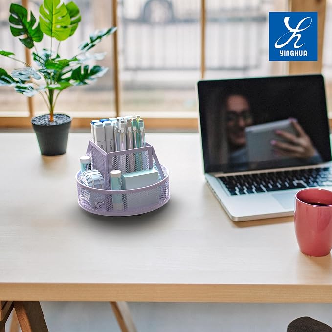 YINGHUA Metal Mesh Desk Organizer with 5 Compartments and Rotating Pencil Holder Pen and Stationery Organizer for Office Home School Anti Slip Base Purple - Image 7
