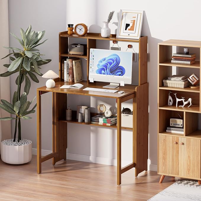 Folding Desk for Small Spaces, Bamboo Foldable Desk with Bookshelf, Brown | Small Computer Desk with Storage, Mid Century, Fold Out,Compact Size, for Bedroom, Living Room, Apartment, Home Office - Image 8