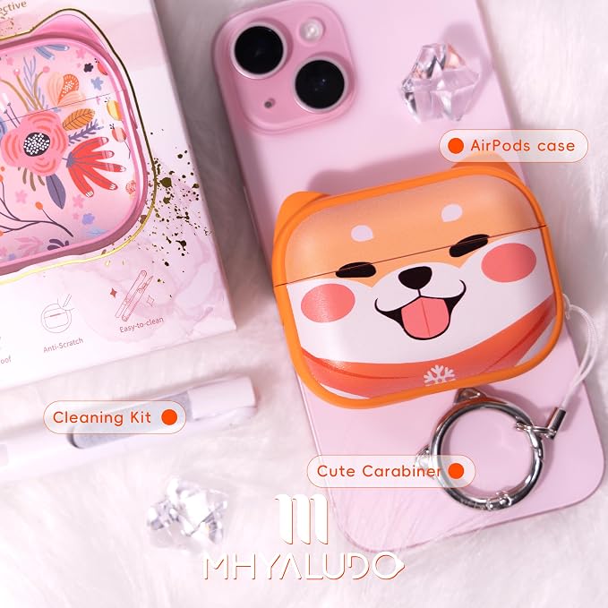 for AirPods Pro 2 Case with Cleaning Kit, Cute Cat Ear Print Design & Cute Buckle for Girls, Phone Holder & Top Safe Lock Buckle Design for AirPods Pro 2nd/1st Gen case, Orange Dog - Image 7
